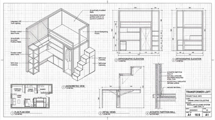 Fototapeta premium Technical architectural drawing of a modular transformer loft for coliving apartment units