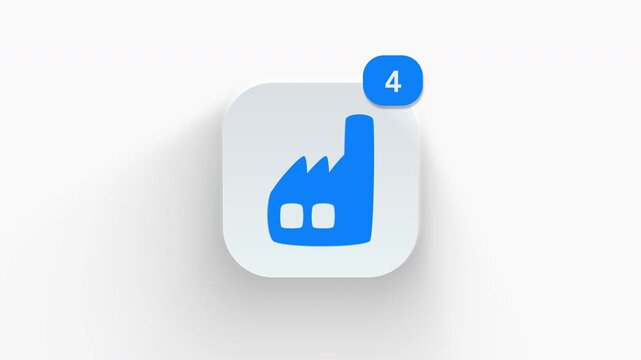 Factory app icon featuring an animated notification badge with number counter increasing 1 to 99, dynamic shadow effect, minimalist concept for industrial plant updates, on white background. 