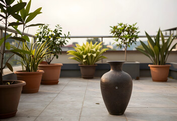 Fototapeta premium Terracotta pots with various green plants and a decorative dark vase on a rooftop patio with a city view, the outdoor space offers an urban city view in the background