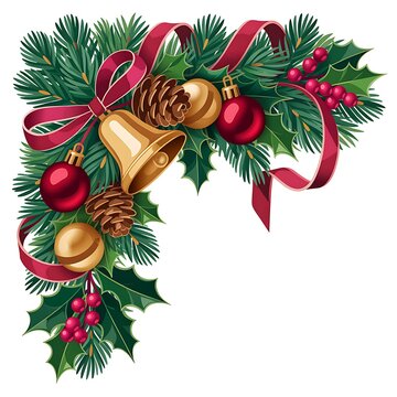 Festive Christmas corner decoration with pine branches holly pinecones golden ornaments and a red bow