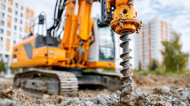 Yellow drill bit breaks through rocky ground. Heavy machinery looms behind in soft focus. Earth disturbed