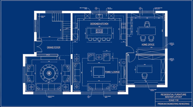 Architectural blueprint of a residential furniture layout for a luxury villa