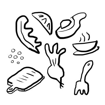 Garabatos de cocina y alimentos. Fondo transparente. Un conjunto de ilustraciones sencillas (doodles) en trazo negro grueso que representan elementos culinarios 