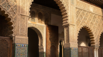 Fototapeta premium Royal Alc?zar of Seville in Andalusia, Spain, historic Mud?jar palace with intricate carved arches, ornate plasterwork, geometric patterns and elegant Islamic architectural details.