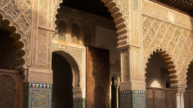 Royal Alc?zar of Seville in Andalusia, Spain, historic Mud?jar palace with intricate carved arches, ornate plasterwork, geometric patterns and elegant Islamic architectural details.
