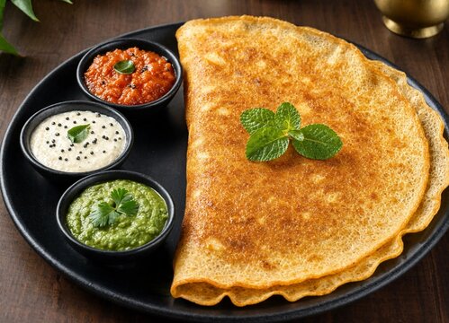 Delicious Indian flatbread with mint garnish and chutneys