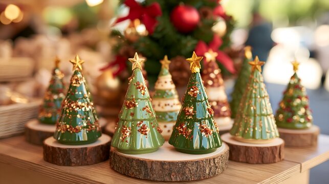 Festive ceramic trees on rustic wood bases gold ornaments adorn each miniature t.