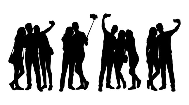 Silhouettes of people taking selfies with smartphones and selfie sticks