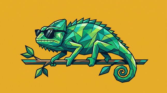 Cool Chameleon Wearing Sunglasses &ndash; Low Poly Vector Reptile Illustration