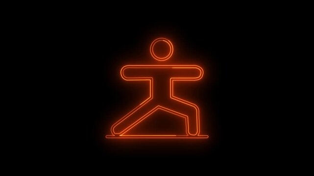 Glowing Neon Yoga Icon of Warrior 2 Pose Virabhadrasana II Isolated on Black Background - Motion Graphic Loop for Fitness, Wellness, Meditation, and Mindfulness Healthy Life Concepts