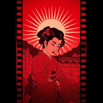 Retro Japanese vector illustration featuring a traditional geisha in a cinematic red color palette