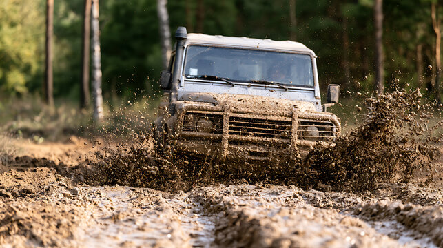 Rugged off-road vehicle powers through deep, muddy track in a forest, creating an exciting splash of dirt and water