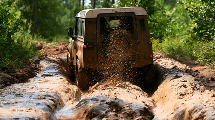 Fototapeta premium Rugged off-road vehicle conquers a muddy forest track, back view with mud splashing, adventure and challenge concept