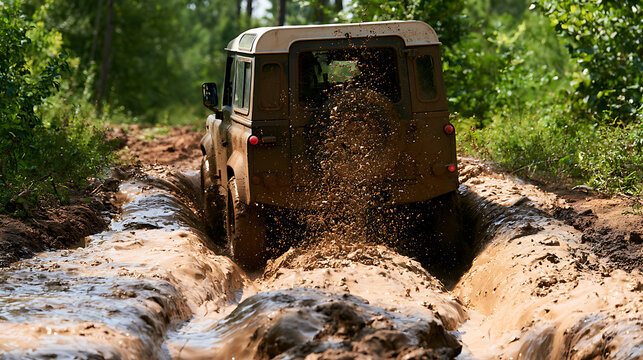 Rugged off-road vehicle conquers a muddy forest track, back view with mud splashing, adventure and challenge concept