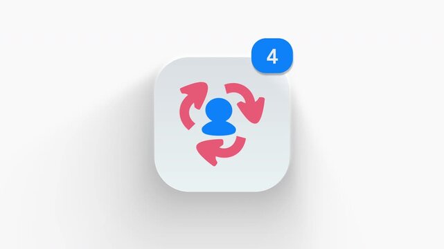 Refresh sync person app icon featuring animated notification badge with number counter increasing 1 to 99, dynamic shadow effect, minimalist user cycle concept, on white background. 