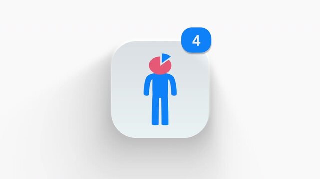 Pie chart head person app icon featuring animated notification badge with number counter increasing 1 to 99, dynamic shadow effect, minimalist data analyst concept, on white background. 