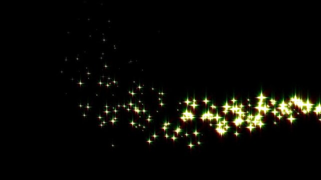 Abstract golden stardust trail with twinkling glitter stars and glowing light sparks, gold glittering magic shimmer, fairy dust wand glitter stars trail transition on black background.4k video