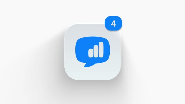 Speech bubble bar chart app icon featuring animated notification badge with number counter increasing 1 to 99, dynamic shadow effect, minimalist feedback report concept, on white background. 