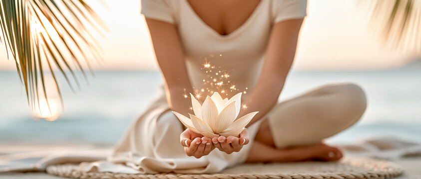 Young woman sitting yoga pose, lotus flower on the beach in summer