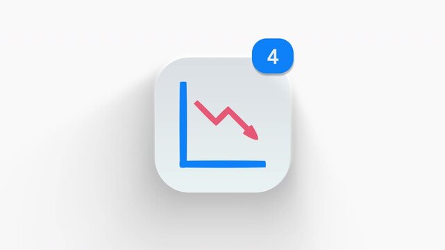 Falling line chart arrow app icon featuring animated notification badge with counter 1 to 99, dynamic shadow effect, minimalist financial loss concept, on white background. 