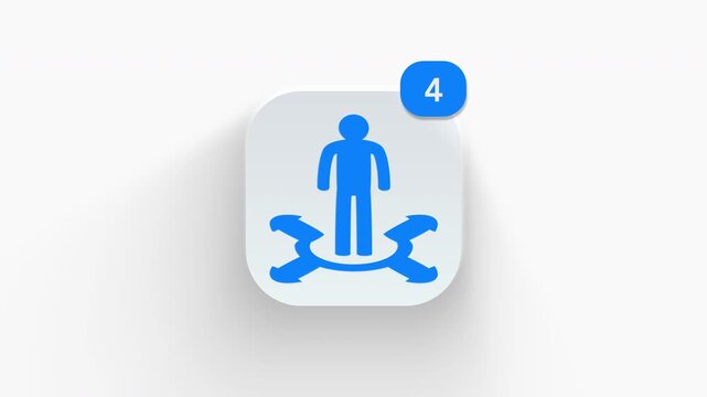 Four way direction base person app icon featuring animated notification badge with counter 1 to 99, dynamic shadow effect, minimalist multi choice concept, on white background. 