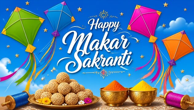 Vibrant Makar Sakranti celebration with kites and traditional sweets