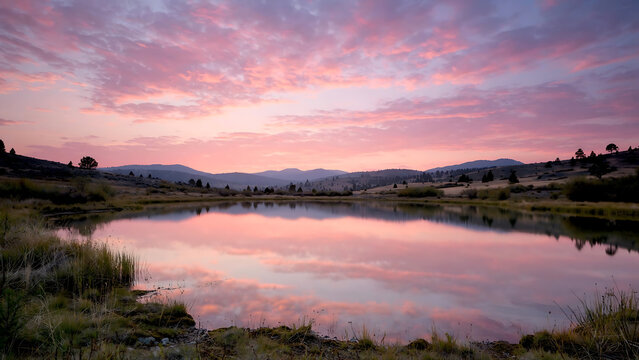 Scenic landscape of a calm lake reflecting a vibrant pink and purple sunset sky with distant rolling hills and mountains