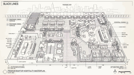 Fototapeta premium Detailed architectural line drawing of a premium rooftop hospitality master plan