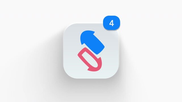 Exchange arrows transfer app icon featuring animated notification badge with counter 1 to 99, dynamic shadow effect, minimalist data trade swap concept, on white background. 