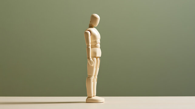 Wooden Articulated Mannequin Standing in Profile on a Simple Background, Embodying Solitude and Thought