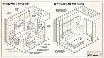 Fototapeta premium Smart compact living system prototype showing daytime living and nighttime sleeping configurations