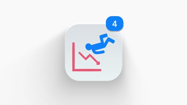 Sliding down chart person app icon featuring animated notification badge with counter 1 to 99, dynamic shadow effect, minimalist bankruptcy fall concept, on white background. 