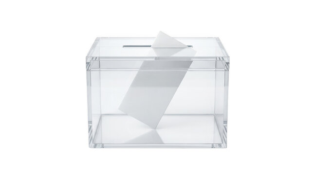 Clear plastic ballot box with a single paper vote being cast inside isolated on transparent background