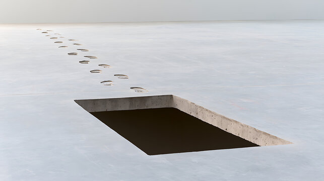 Minimalist concrete landscape with an open void and a trail of recessed footprints leading into the unknown future