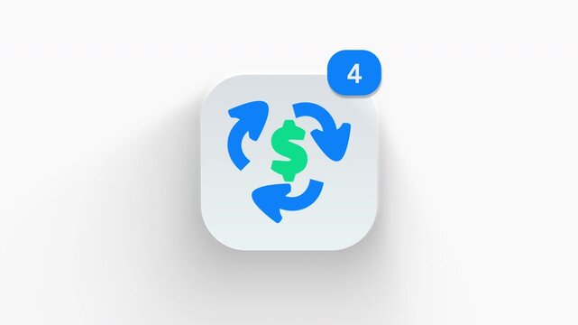 Dollar currency exchange cycle app icon featuring animated notification badge with counter 1 to 99, dynamic shadow effect, minimalist money trade concept, on white background. 