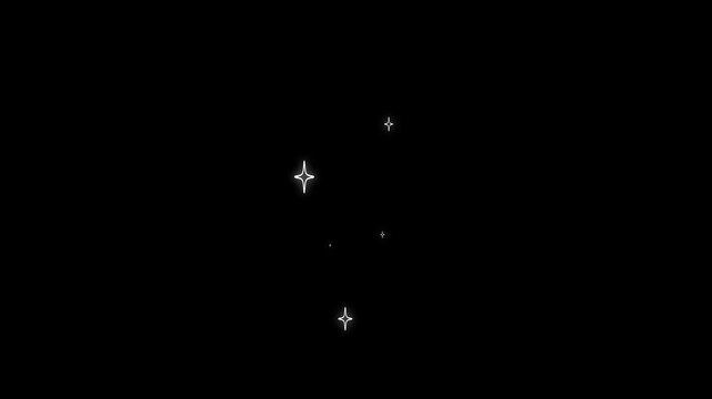 Twinkling stars animation, white cartoon, flat, vector, stars blinking, glitter on black background. Night sky sparkling stars Shine animation. Glow twinkle glimmer effects.