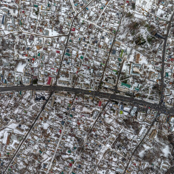 Aerial View of Snow-Covered Settlement in Kyrgyzstan