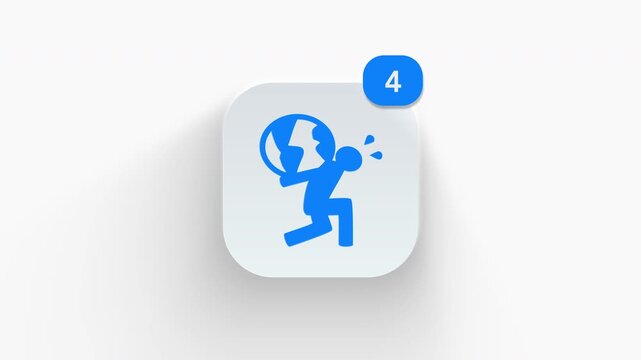 Carrying earth globe person app icon featuring animated notification badge with counter 1 to 99, dynamic shadow effect, minimalist global burden concept, on white background. 