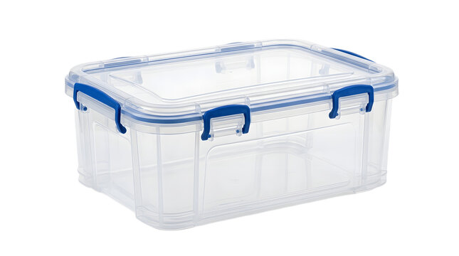 Clear plastic storage box with blue locking clips isolated transparent PNG cutout.
