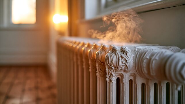 Vintage radiator emits gentle steam in warm, sunlit room