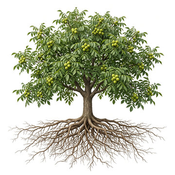 chandler Walnut tree, mature full tree bearing abundant walnuts in green husks, exposed visible roots, 11 ratio, isolated on seamless pure white background