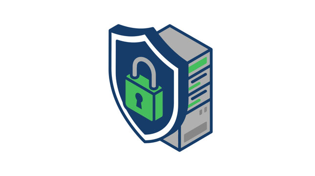 Secure server rack with protective shield and green padlock