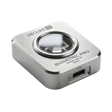 Biometric security scanner device, metallic fingerprint reader, silver metal USB-C authentication hardware isolated on white background