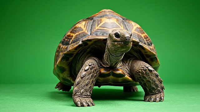 Tortoise Walking on Green Background in Studio Backdrop