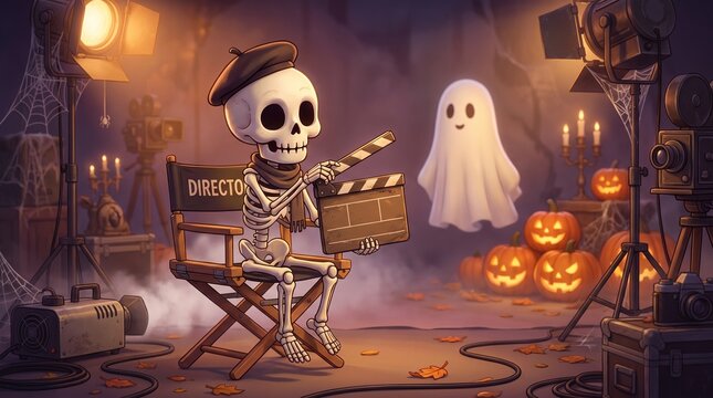 Halloween skeleton movie director on film set, spooky ghost actor with pumpkins, cinematic horror production studio