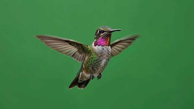 Hummingbird Hovering in Mid Air Against Solid Green Background