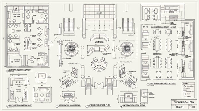 Furniture and fixtures ffe interior design plan for the grand galleria showcasing customer lounge, atrium furniture, and food court seating