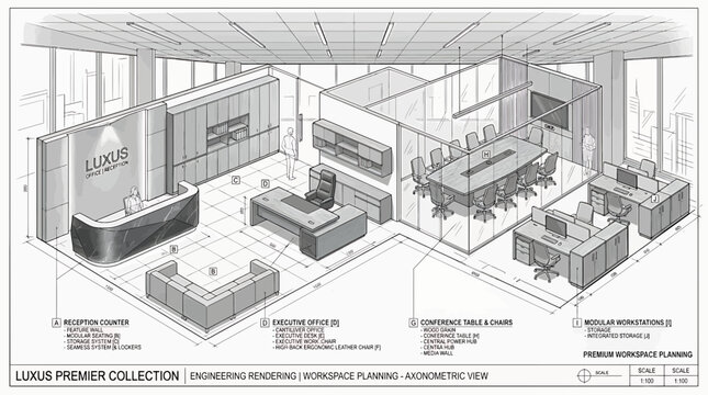 Axonometric view of luxury office workspace planning and interior design layout