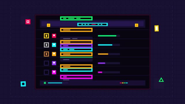Dynamic dark ui dashboard showcasing colorful progress bars in video frame.