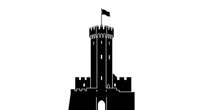 Black silhouette of a medieval castle tower with a flag on white background